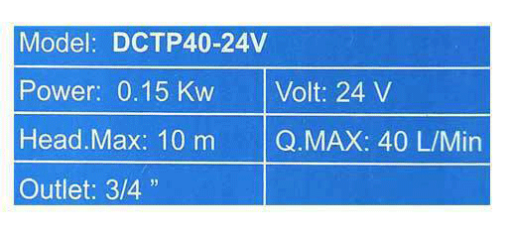 جدول مشخصات پمپ آب ورما مدل DCTP40-24v